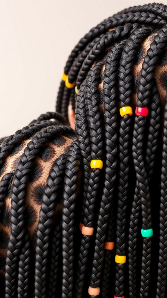 Close-up of cornrow hairstyles with intricate designs and colorful beads.